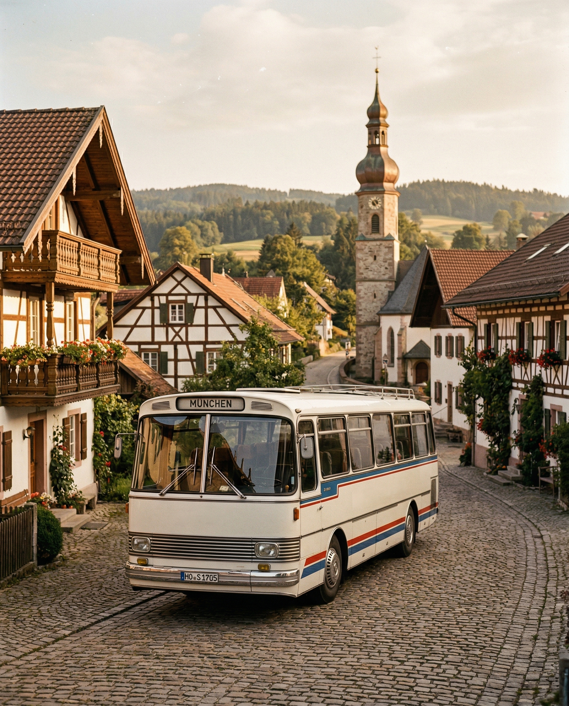 Historischer Reisebus der 1970er Jahre in einem bayerischen Dorf